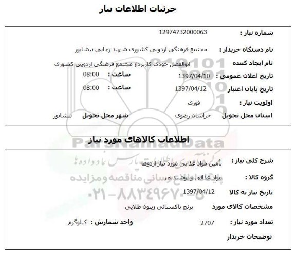 استعلام,تامین مواد غذایی