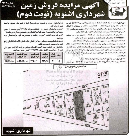 مزایده, مزایده فروش یک قطعه زمین مسکونی مساحت 232.18متر نوبت دوم
