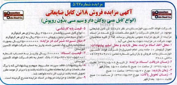 مزایده, مزایده فروش 18 تن کابل ضایعاتی