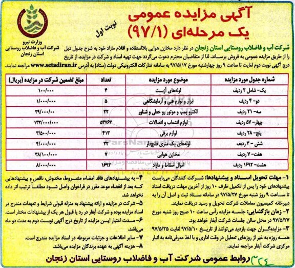 مزایده , مزایده مخازن هوایی و اقلام مازاد