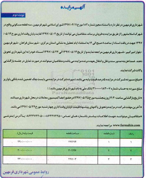 مزایده ,مزایده فروش سه قطعه مسکونی نوبت دوم