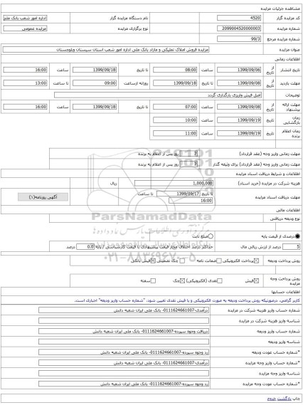 مزایده فروش املاک تملیکی و مازاد بانک ملی اداره امور شعب استان سیستان وبلوچستان