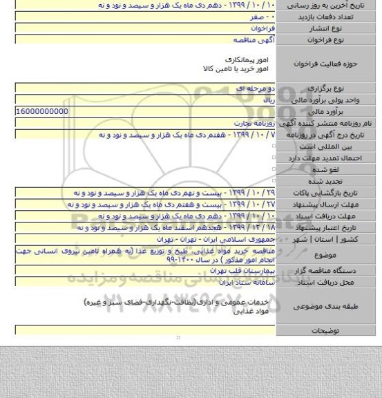 مناقصه خرید مواد غذایی، طبخ و توزیع غذا (به همراه تامین نیروی انسانی جهت انجام امور مذکور ) در سال ۱۴۰۰-۹۹