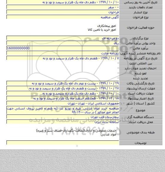 مناقصه خرید مواد غذایی، طبخ و توزیع غذا  (به همراه تامین نیروی انسانی جهت انجام امور مذکور ) در سال ۱۴۰۰-۹۹