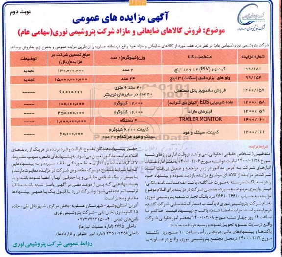 مزایده فروش کالاهای ضایعاتی و مازاد نوبت دوم
