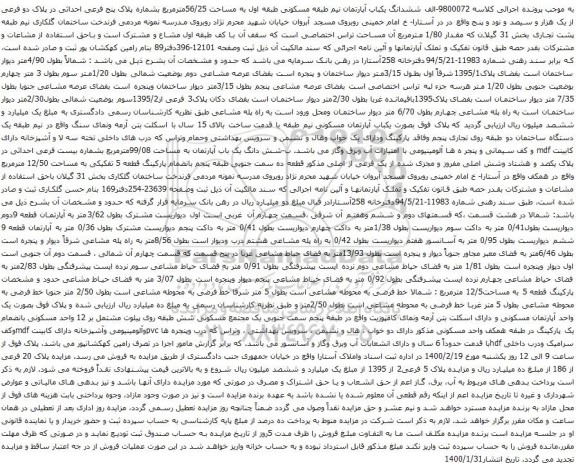 آگهی مزایده ششدانگ یکباب آپارتمان نیم طبقه مسکونی طبقه اول به مساحت 56/25مترمربع