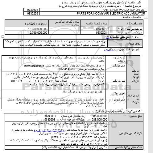 مناقصه، مناقصه خرید قطعات و لوازم مربوط به دستگاههای حفاری...