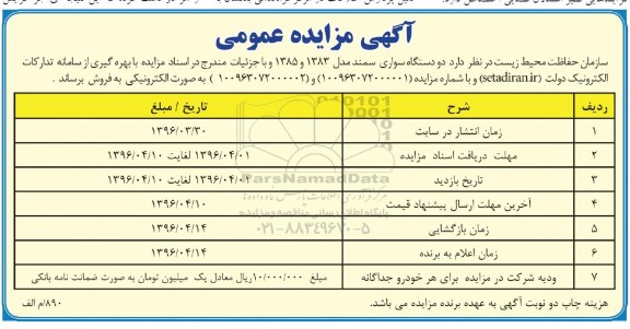 مزایده , مزایده دو دستگاه سواری سمند مدل 83 و 85