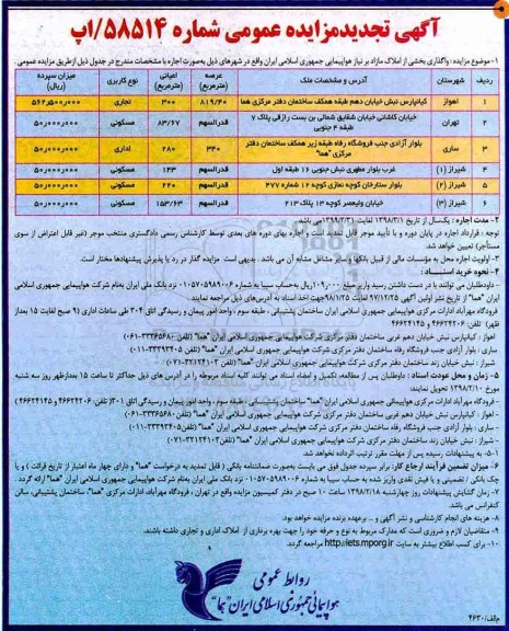 آگهی تجدید مزایده عمومی, مزایده واگذاری بخشی از املاک مازاد بر نیاز - تجدید
