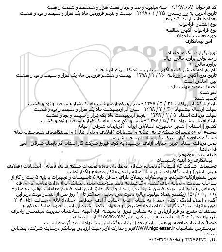 مناقصه تعمیرات شبکه توزیع تغذیه و انشعابات