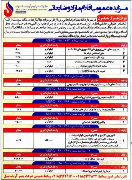 مزایده عمومی، فراخوان مزایده عمومی اقلام مازاد و ضایعاتی