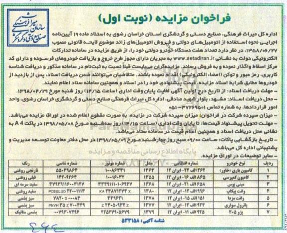 فراخوان مزایده, مزایده فروش تعداد هفت دستگاه خودرو دولتی
