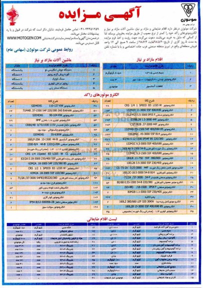 آگهی مزایده, مزایده اقلام ضایعاتی و مازاد بر نیاز، ماشین آلات مازاد بر نیاز و الکتروموتورهای راکد