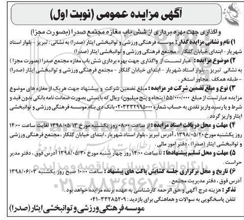مزایده عمومی, مزایده واگذاری جهت بهره برداری از شش باب مغازه