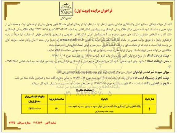 مزایده, مزایده پایگاه اطلاع رسانی گردشگری ملک آباد