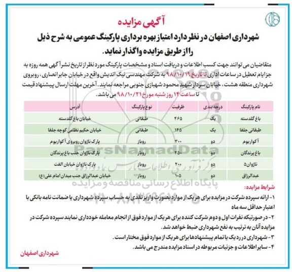 آگهی مزایده , مزایده امتیاز بهره برداری پارکینگ عمومی