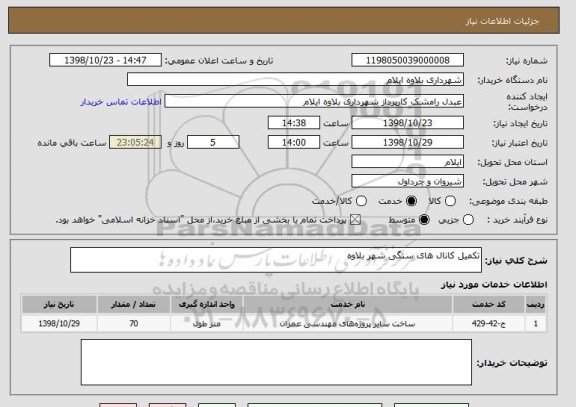 استعلام تکمیل کانال های سنگی شهر بلاوه - آگهی شماره 2145790