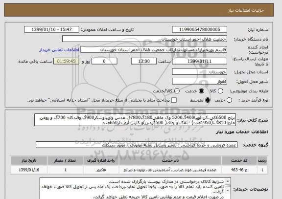 استعلام برنج 6500کی،کن لوبیا400گ5200 وک ماهی180گ7800ق عدس ولوبیاوشکر900گ وقندکله 700گ و روغن مایع 810گ:(1950عدد) –نمک و چای( 500گرمی)و کارتن آرم دار650عدد