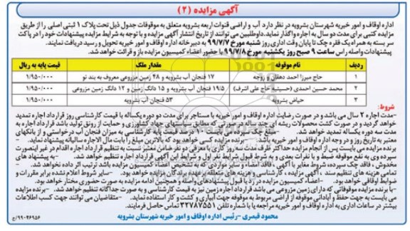 مزایده مزایده آب و اراضی قنوات اربعه