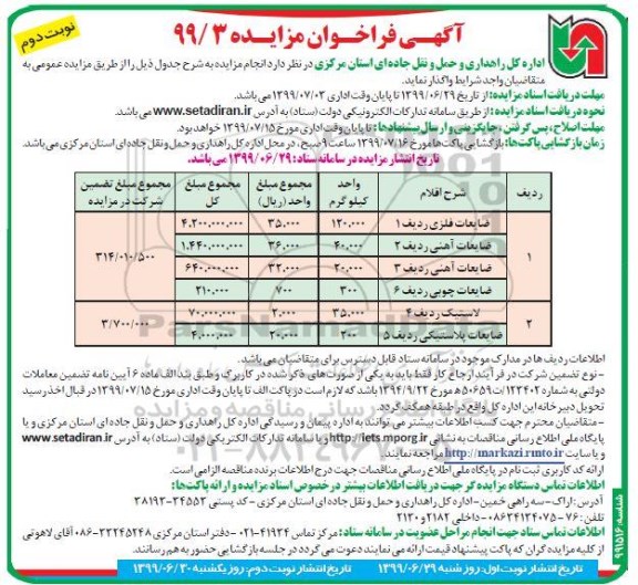 فراخوان مزایده, مزایده ضایعات فلزی و ... نوبت دوم