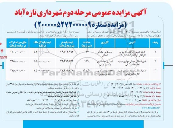 تجدید مزایده واگذاری زمینهای مسکونی، تجاری مسکونی