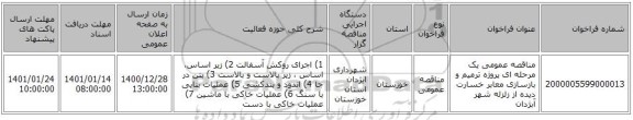 مناقصه عمومی یک مرحله ای پروژه ترمیم و بازسازی معابر خسارت دیده از زلزله شهر آبژدان