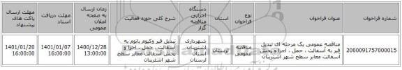 مناقصه عمومی یک مرحله ای تبدیل قیر به آسفالت ، حمل ، اجرا و پخش آسفالت معابر سطح شهر اشترینان