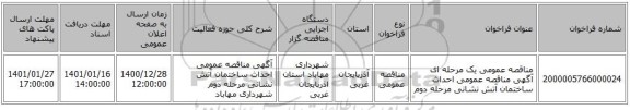 مناقصه عمومی یک مرحله ای آگهی مناقصه عمومی احداث ساختمان آتش نشانی مرحله دوم