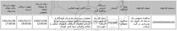 مناقصه عمومی یک مرحله ای تکمیل راه روستایی در گنبد باریکاب