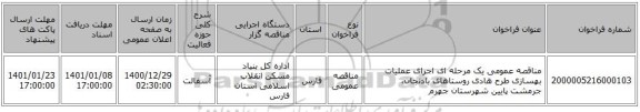 مناقصه عمومی یک مرحله ای اجرای عملیات بهسازی طرح هادی روستاهای بادنجان، جرمشت پایین شهرستان جهرم
