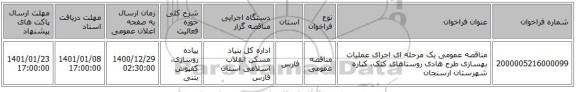 مناقصه عمومی یک مرحله ای اجرای عملیات بهسازی طرح هادی روستاهای کتک، کناره شهرستان ارسنجان