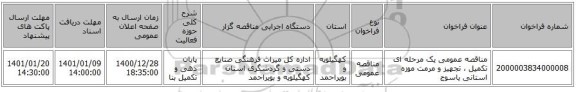 مناقصه عمومی یک مرحله ای تکمیل ، تجهیز و مرمت موزه استانی یاسوج 
