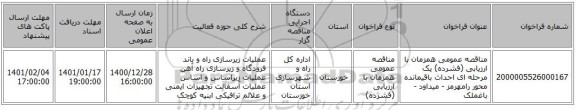 مناقصه عمومی همزمان با ارزیابی (فشرده) یک مرحله ای احداث باقیمانده محور رامهرمز - میداود - باغملک 