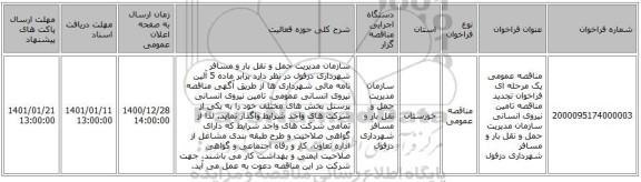 مناقصه عمومی یک مرحله ای فراخوان تجدید مناقصه تامین نیروی انسانی سازمان مدیریت حمل و نقل بار و مسافر شهرداری دزفول