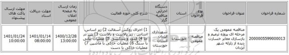 مناقصه عمومی یک مرحله ای پروژه ترمیم و بازسازی معابر خسارت دیده از زلزله شهر آبژدان