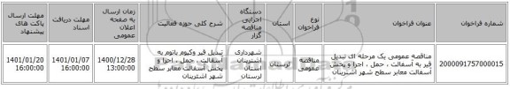 مناقصه عمومی یک مرحله ای تبدیل قیر به آسفالت ، حمل ، اجرا و پخش آسفالت معابر سطح شهر اشترینان