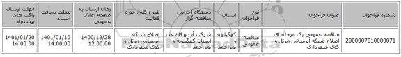 مناقصه عمومی یک مرحله ای اصلاح شبکه آبرسانی زیرتل و کوی شهرداری