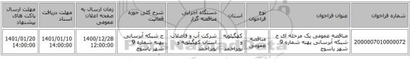 مناقصه عمومی یک مرحله ای ح شبکه آبرسانی پهنه شماره 9 شهر یاسوج