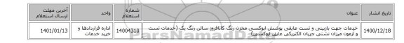خدمات جهت بازبینی و تست عایقی پوشش اپوکسی مخزن رنگ کاتافروز سالن رنگ یک (خدمات تست و آزمون‎ میزان نشتی جریان الکتریکی عایق اپوکسی‏)
