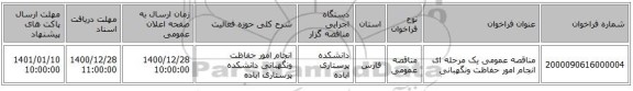 مناقصه عمومی یک مرحله ای انجام امور حفاظت ونگهبانی