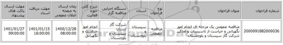 مناقصه عمومی یک مرحله ای انجام امور نگهبانی و حراست از تاسیسات و اماکن شرکت گاز سیستان و بلوچستان