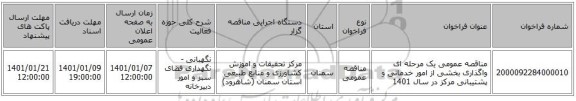 مناقصه عمومی یک مرحله ای واگذاری بخشی از امور خدماتی و پشتیبانی مرکز در سال 1401
