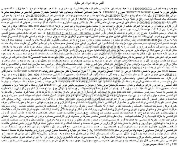 مزایده، مزایده فروش ششدانگ یک دستگاه آپارتمان