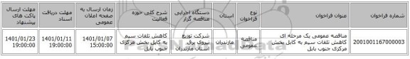 مناقصه عمومی یک مرحله ای کاهش تلفات سیم به کابل بخش مرکزی جنوب بابل
