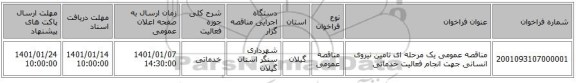 مناقصه عمومی یک مرحله ای تامین نیروی انسانی جهت انجام فعالیت خدماتی