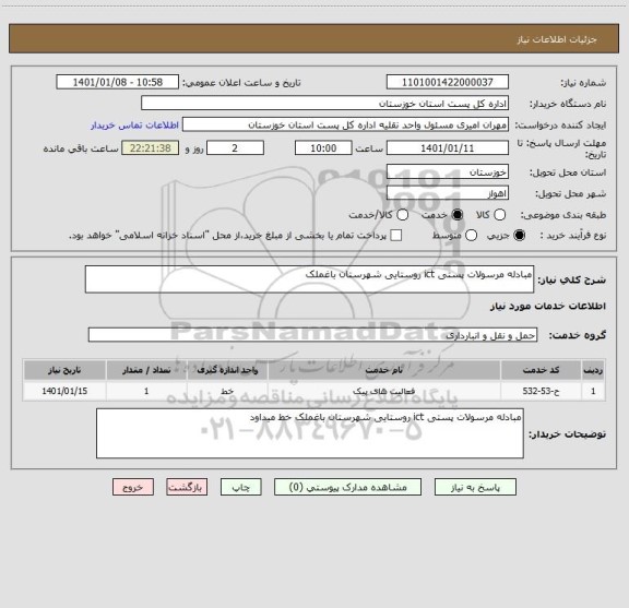 استعلام مبادله مرسولات پستی ict روستایی شهرستان باغملک 