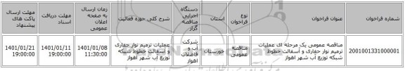 مناقصه عمومی یک مرحله ای عملیات ترمیم نوار حفاری و آسفالت خطوط شبکه توزیع آب شهر اهواز