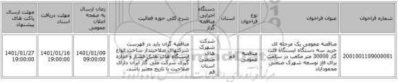 مناقصه عمومی یک مرحله ای خرید سه دستگاه ایستگاه فلت گاز 30000 متر مکعب در ساعت برای فاز توسعه شهرک صنعتی محمودآباد 