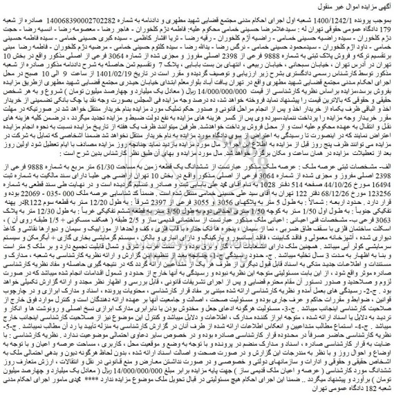 مزایده، مزایده فروش ششدانگ یک قطعه زمین به مساحت 61/30 متر مربع