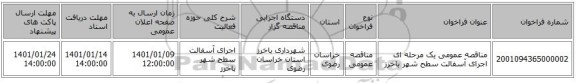 مناقصه عمومی یک مرحله ای اجرای آسفالت سطح شهر باخرز